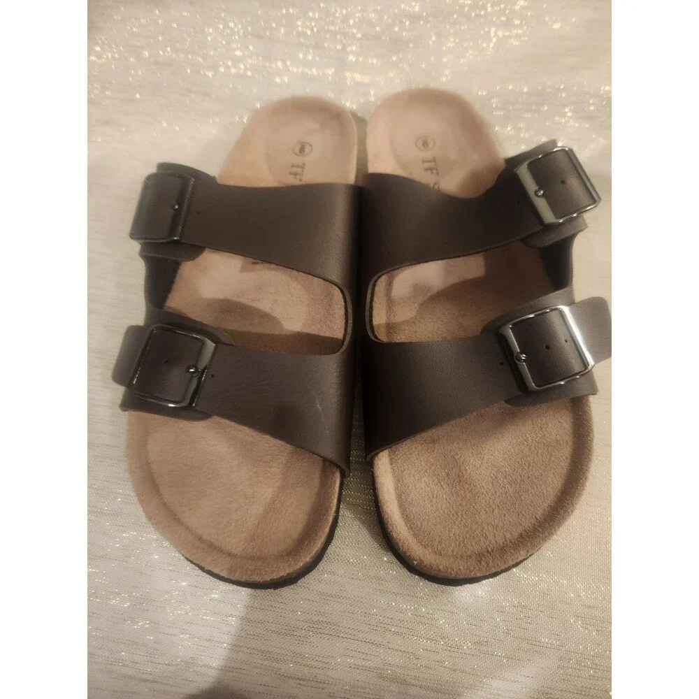 TF Star Brown Leather Unisex Flat Strap Sandals Adjustable Buckle Size 9